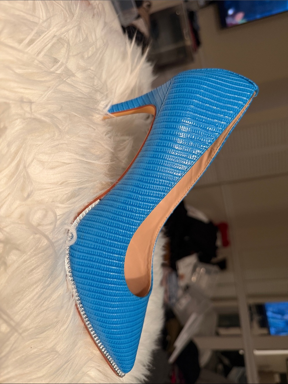 BCBGeneration Bright Blue Pointed Toe Pump with Crystal Trim